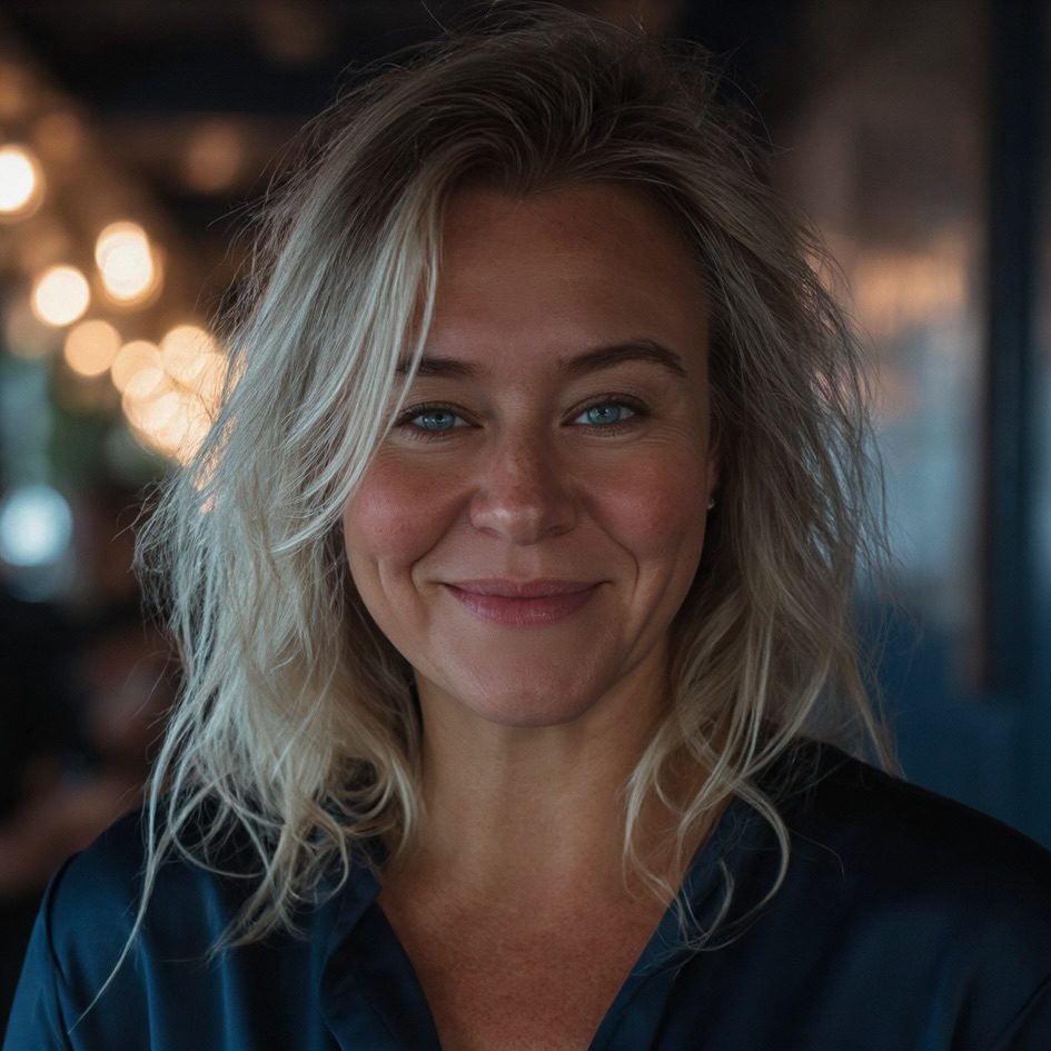 Smiling person with blonde hair, blurred background.